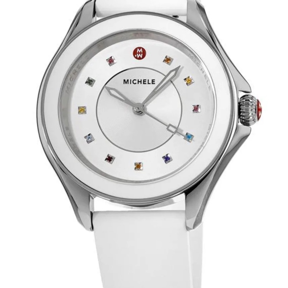 Michele Silver Case with White Strap Watch
